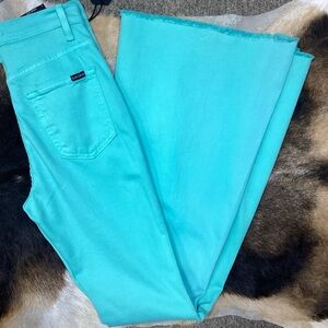 Ladies Flared Mid Rise Jeans, Turquoise